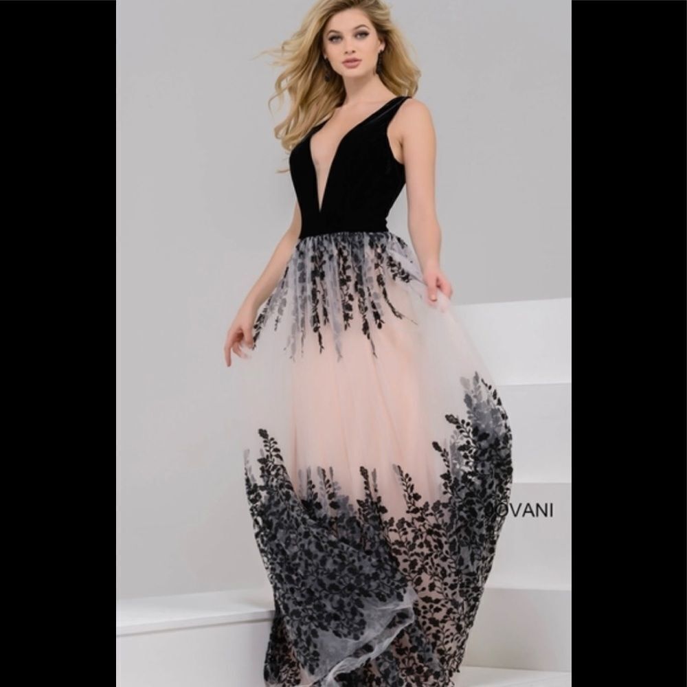 NEW JOVANI Style # 42420 Nude Black embroidered maxi formal gown 2